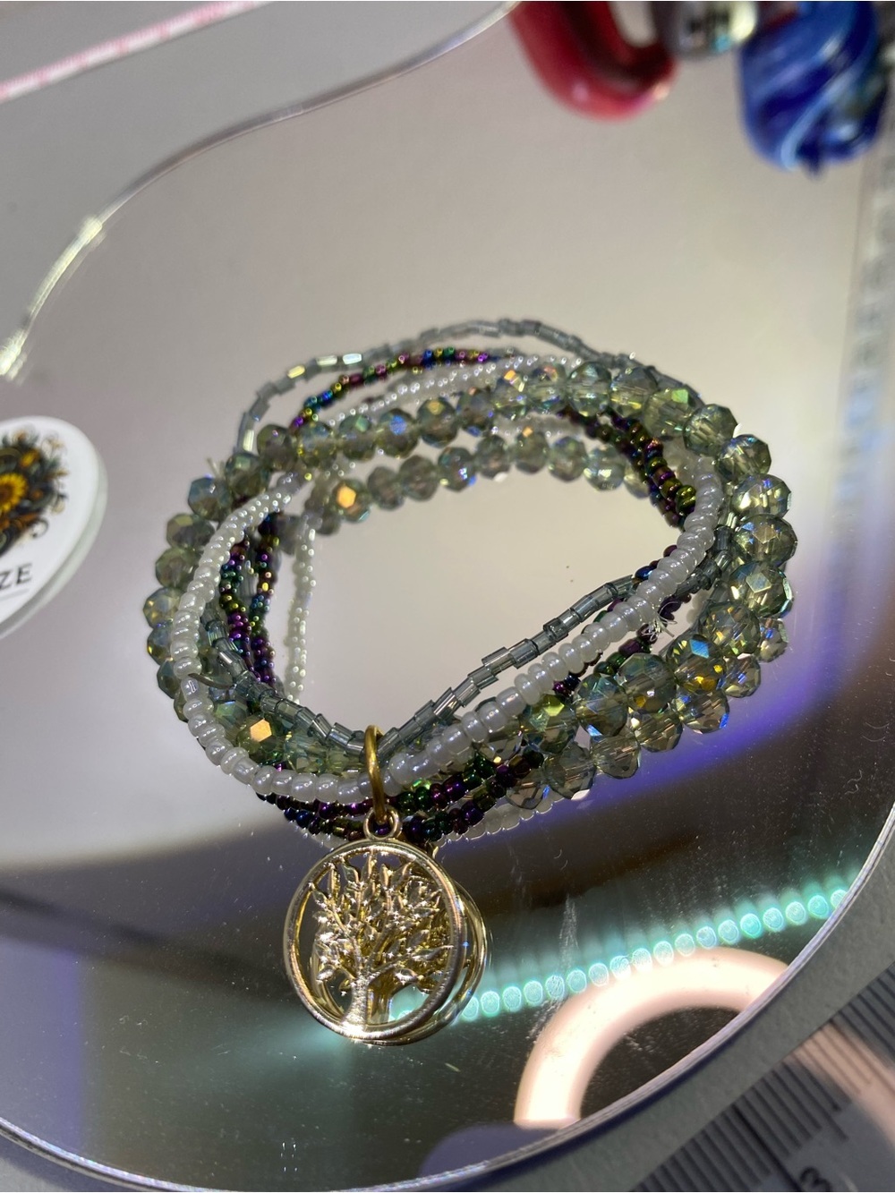 Gold Tree of Life Multi-Strand Green Beaded Bracelet